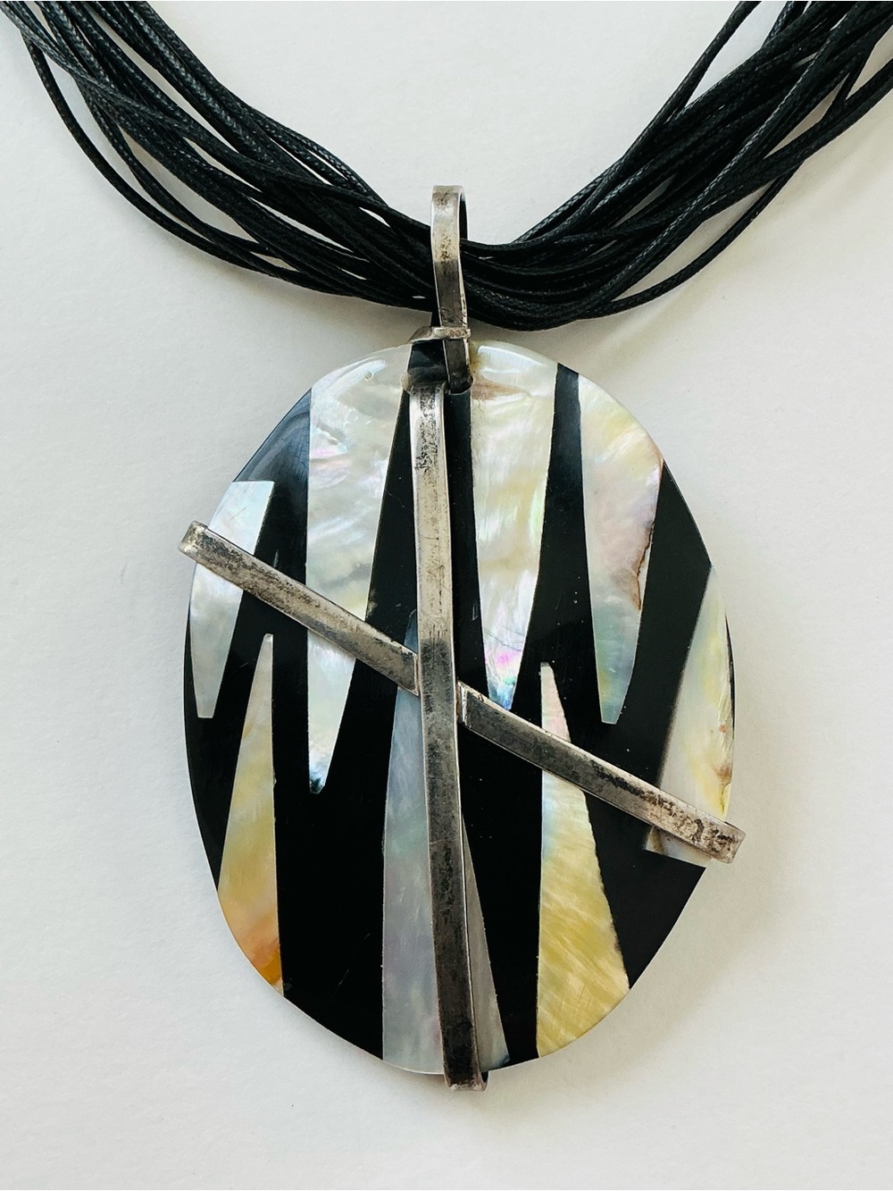 Sterling Silver Necklace Tribal/BOHO Vibe Iridescent Mother-of-Pearl Pendant